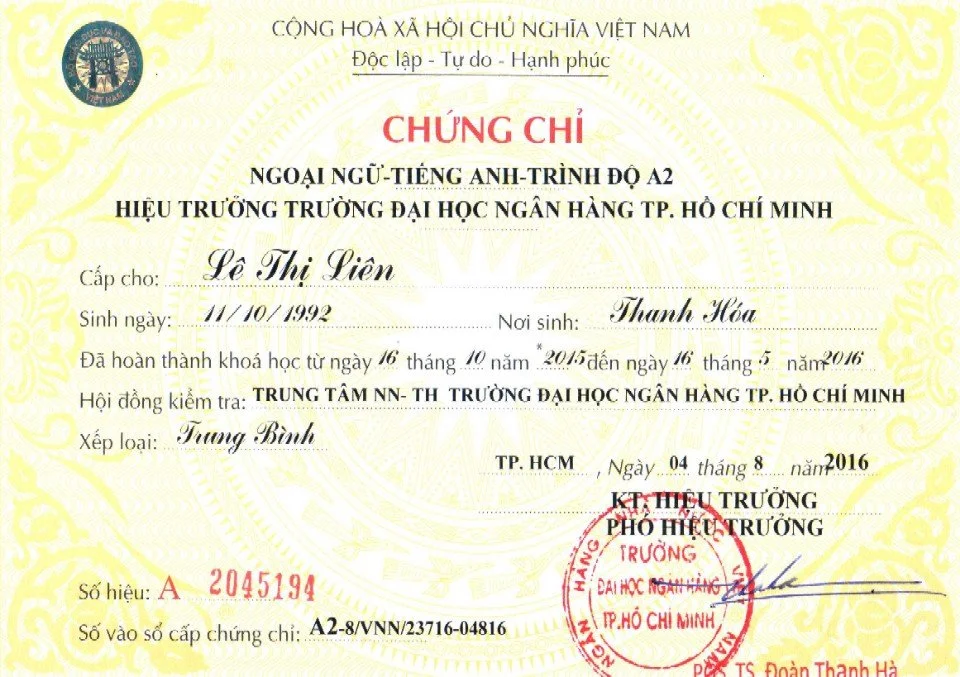 Chứng chỉ Tiếng Anh A2, B1 